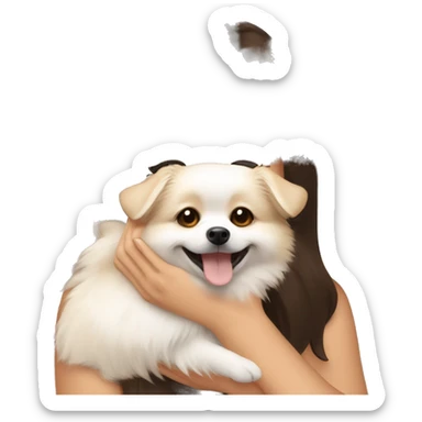 beige and white Pomeranian in the hands of a white young woman with dark brown hair smiling and cuddling the dog  sticker