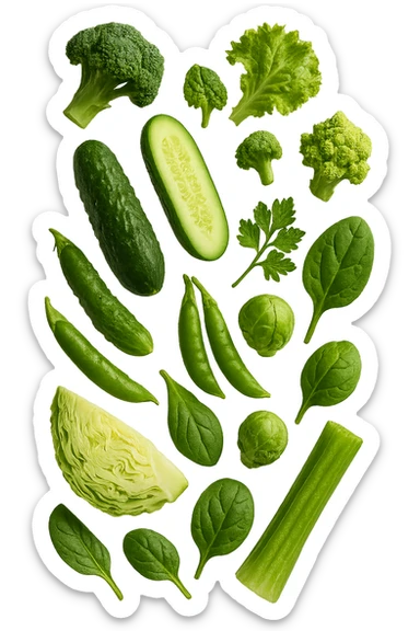 varie verdure verdi fluttuano in aria e cadono verticalmente, IPERREALISTICA 4K sticker