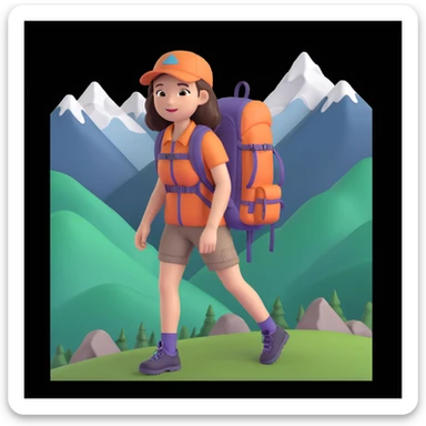 girl back packing mountains in background, close up pose sticker