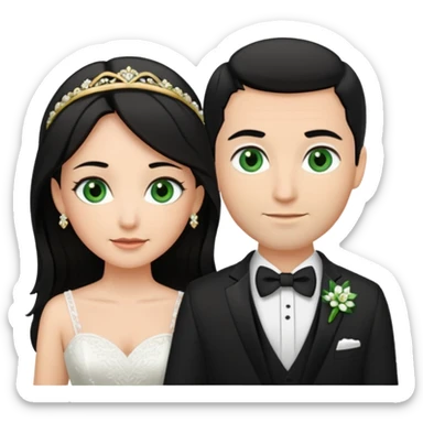 Bride has Black hair and medium brown eyes. Groom has green eyes and brown hair. White gold wedding bands sticker