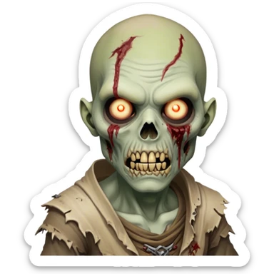 Cinematic Realistic WoW undead friendly zombie Portrait, captured in a fierce, battle-ready stance, muscles taut beneath his tattered, earth-toned attire. His decayed, pallid skin and glowing eyes are rendered with intense lifelike detail and dynamic lighting, high shine, embodying the raw, relentless fury of an undead friendly zombie in the heat of combat. sticker