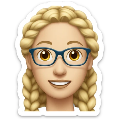 mature woman with long blonde hair in a braid, blue eyes, wearing glasses sticker
