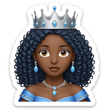 Por favor hazme el emoji de la princesa pero morena con el pelo negro y rizado y largo, los ojos marrones y la corona plateada con jollas azules sticker