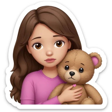 girl with long wavy brown hair, brown eyes, light to medium complexion, in a pink shirt, pink lips, long lashes, sad, hugging a teddy bear with a broken heart sticker
