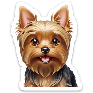 Cinematic Comical Yorkshire Terrier Portrait Emoji, Head tilted dramatically with an exaggeratedly surprised, comical expression and wide, expressive eyes, featuring a perky, well-groomed fur in rich hues, simplified yet hilariously detailed, glowing with a bold, sassy radiance, high shine, exuding playful mischief and cheeky terrier attitude, styled with a soft glowing outline, capturing the essence of a Yorkshire Terrier that appears ready to comically dash out of the frame! sticker