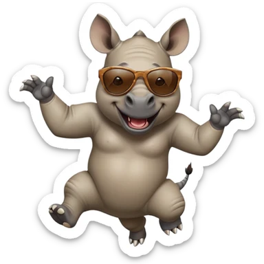 friendly anthropomorphised rhino jumping with excitement, wearing dark sunglasses, standard pose sticker