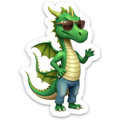 friendly anthropomorphised green dragon in a sports t-shirt and jeans with dark sunglasses walking upright, relaxed pose sticker