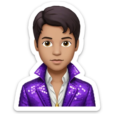 Prince Rogers Nelson with dark brown hair, purple sequin jacket, white shirt sticker