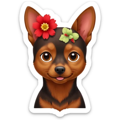 a little brown pinsher, who give a red flower sticker