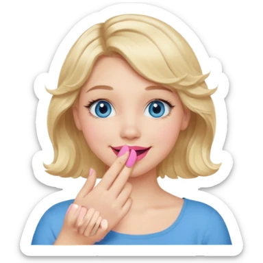 Girl Blonde short wavy hair,  blue eyes, cute blue top, long lashes, pink lips, smiling, hand covering the mouth sticker