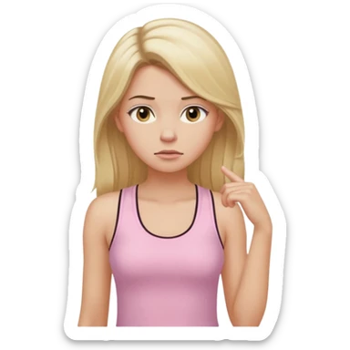 Create a young woman with long blonde hair, golden eyes, and medium-light skin tone, wearing a light pink tank top and leggings. She should be in portrait mode, but with a subtle doubting facial expression—slightly raised eyebrow, small frown, .  and her hand next to her chin likethinking face emoji sticker