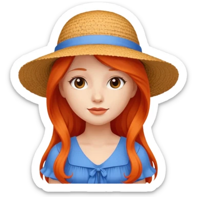 girl_wearing_summer_hat, red orrange long hair, blue dress sticker