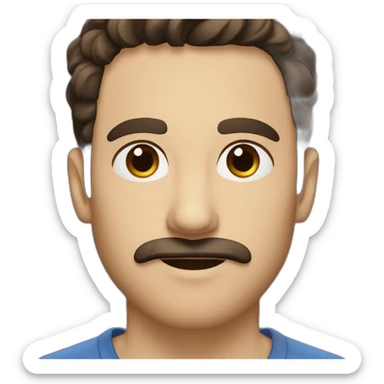 A young Caucasian man with dark brown, almond-shaped eyes, short dark brown hair, and a small dark brown beard with a more prominent mustache. sticker