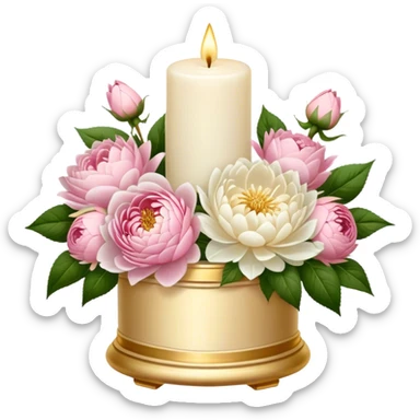 An elegant ivory candle in a golden holder, surrounded by a lush bouquet of soft pink roses, white peonies, and blush dahlias, flickering gently in the dim candlelight. sticker