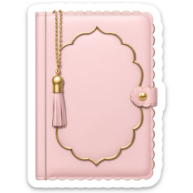 a soft pink journal with scalloped edges, tiny gold dot details, and a small tassel charm, cozy and elegant stationery vibe sticker