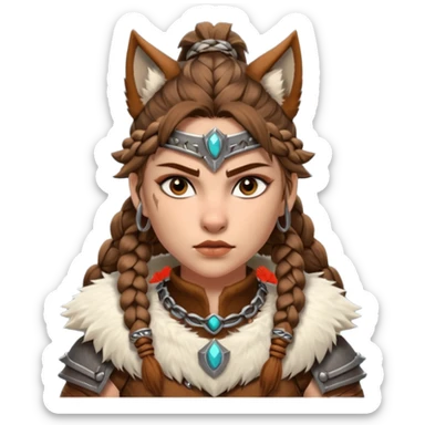 barbarian woman wolf rider portrait, head and shoulders only, fierce female warrior, fur-lined barbarian armor collar, wolf fur details, wild braided hair, intense eyes, tribal warrior vibe, fantasy style, 3D cartoon, mobile game icon style, clean background, no text, no watermark
 sticker