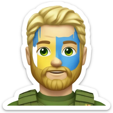 ukrainian military blonde man with a beard with green eyes with blue viking paint on the face  sticker