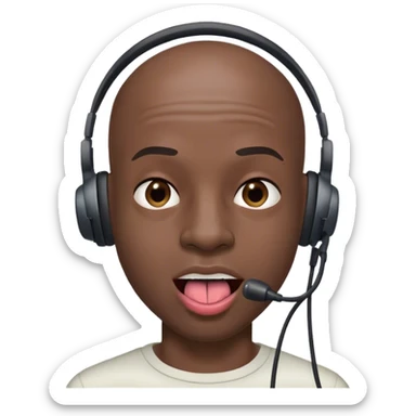 Black guy with bald spots with almost no hair with his tongue out with a big headset dent sticker