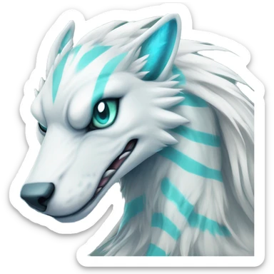 White elegant beautiful natural cute badass epic anthro modern albino sergal-vernid-Fakémon with cyan mane, with cyan edgy stripes, anthropomorphic, two-legged, digitigrade, full body sticker
