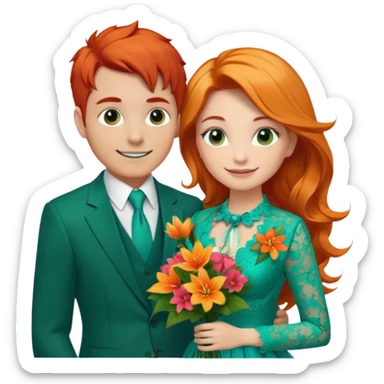  The man, with red hair, wears a dark green suit with a green tie and an orange boutonnière. The woman, with blonde hair, wears a turquoise ballgown with lace details and holds a colorful tropical bouquet. They smile at each other.  sticker