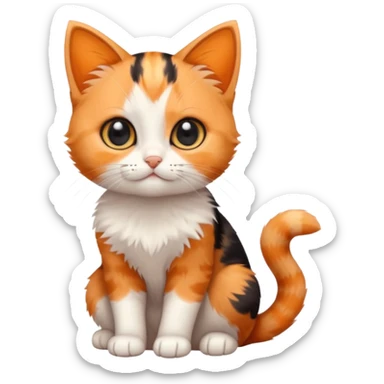 calico kitten sitting pose, simple and cute, round face, big eyes, minimal details, orange black and white calico pattern sticker