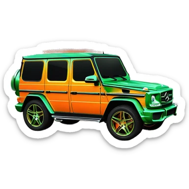 rapper,Young Dolph luxury clothes,blue diamond chain on,near his car, just opened drivers side car door to his all orange and green colored painted army camouflage, Mercedes G Wagon sticker