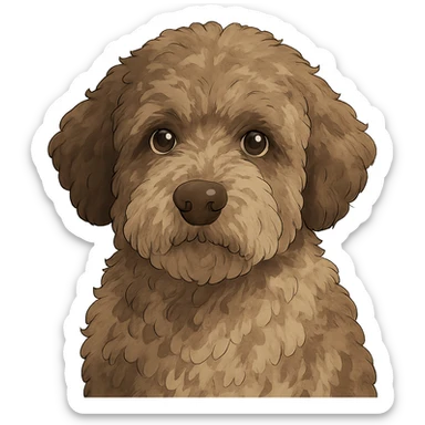 close-up portrait of Lagotto Romagnolo dog, fluffy roan fur, expressive eyes, ghibli style sticker