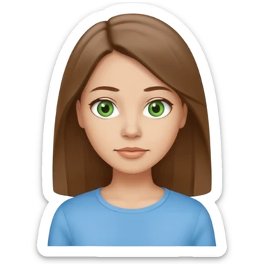 Adult woman avatar, light skin tone, oval face, straight long ash-brown hair, green eyes, neutral mouth, sky blue top sticker