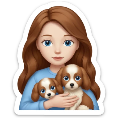 long hair chestnut color blue eyes woman holding small ivory dog sticker