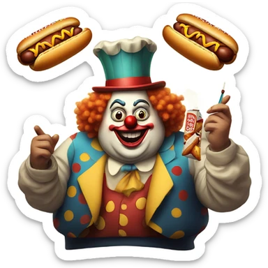 Weird fat clown with hotdogs and a cigarette  sticker