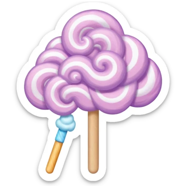 cotton candy on a paper stick, fluffy, pastel purple, swirling cloud-like texture sticker