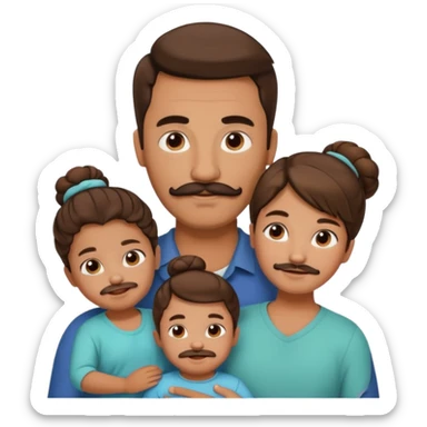 brown family with mom dad teenage daughter toddler son and baby. moms hair is in a bun and dad has a mustache and beard sticker