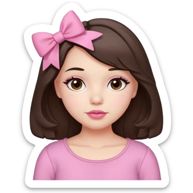 A cute slightly plump, fair-skinned girl with loose, slightly wavy, layered shoulder-length hair, dark brown eyes, and light pink lips. She wears coquette pink clothes, a small pink bow, and slightly rosy cheeks. sticker