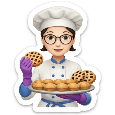 Older female pastry chef – round glasses, oven mitts on, holding a tray of pastries.

 sticker