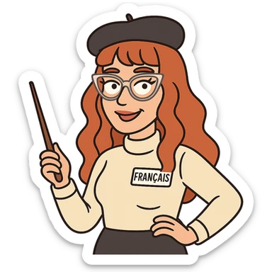 bitmoji style cartoon, redhead woman, long wavy hair, bangs, cat-eye clear-framed glasses, blue eyes, French teacher, with a beret sticker