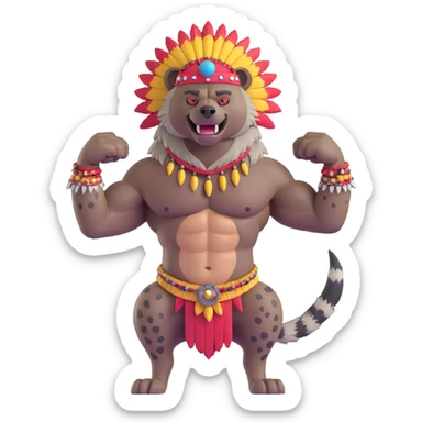A native strong buff hyena with war bonnet flexing posing full body  sticker