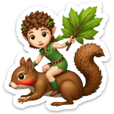 tiny forest elf short tight curly brown hair riding squirrel sticker