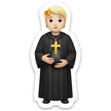 pregnant man with parted blonde middle hair  and dressed like a catholic priest  sticker