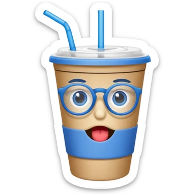 drink in a paper cup and straw, the cup has eyes and mouth and glassess sticker