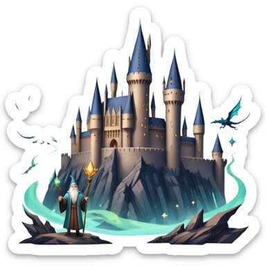 Icon for Fantasy and Sci-Fi Movies: A magical collage with flying dragons and futuristic spaceships. Stars and planets shimmer in the background with a mystical castle Hogvards and an ancient wizard holding a staff. The atmosphere is epic, otherworldly and adventurous. Transparent background. sticker