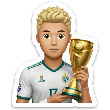 Cristiano Ronaldo holfing the champions league with noodle hair a bit longer noodle hair with a bit of blonde highlights and tge hair xoming down a bit just a bit of blonde not completely sticker