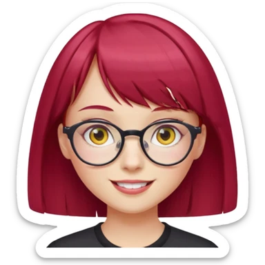 Menina com cabelos vermelho Cherry, liso com franja,olho direito rosa e olho esquerdo amarelo,pele clara e com oculos  sticker