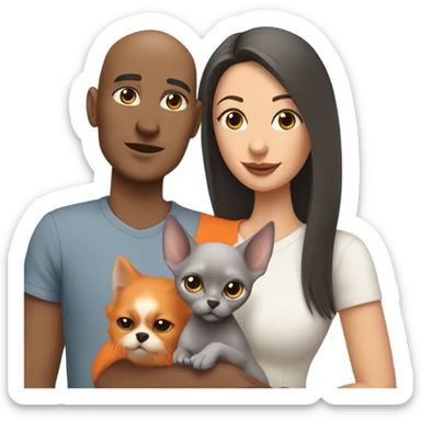 Bald man is holding a small grey sphinx cat and a woman with dark straight hair is holding a orange Pomeranian dog sticker
