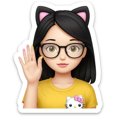 Nails cute with hello kitty wear glasses black long  hair wear, yellow shirt sticker