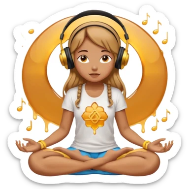 A girl is sitting cross-legged in a meditation pose, wearing headphones and listening to music. The song is so good that honey is dripping from her ears, and her expression is completely dazed because she’s enjoying the music so much. Like this girl 🧘🏻‍♀️ sticker