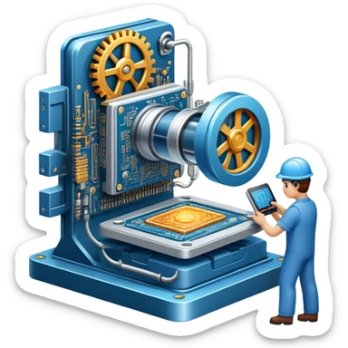 An icon featuring a giant machine soldering a huge microchip, symbolizing engineering. The design includes mechanical gears, circuit boards, and a blueprint, representing the precision and innovation in designing and building technology. Transparent background highlights the art of engineering sticker