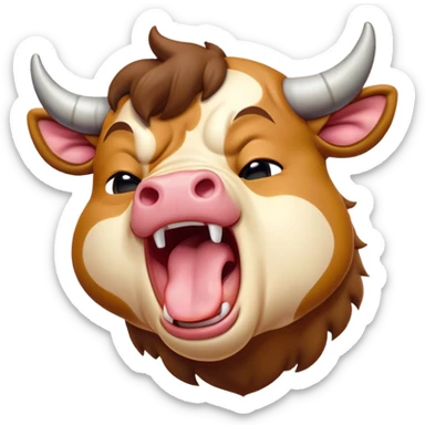 Cinematic Cute Yawning Domestic Bull Portrait Emoji, Head tilted slightly with a dramatic, wide-open yawn, showcasing a robust, muscular frame with a soft, downy coat and subtly drooping horns, round eyes barely open in drowsy contentment, Simplified yet irresistibly adorable features, highly detailed, glowing with a soft, cozy natural glow, high shine, relaxed yet expressive, stylized with a dash of rustic whimsy, soft glowing outline, capturing the essence of a sleepy yet affectionate domestic bull that seems ready to stretch out and settle for a nap! sticker