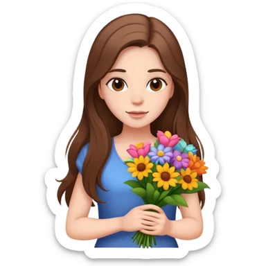 cool girl with long brown hair and fair skin tilting her head to the side while holding a bouquet of flowers sticker