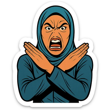 comic book style hijabi woman, exaggerated angry face, hands crossed in an X over her neck sticker