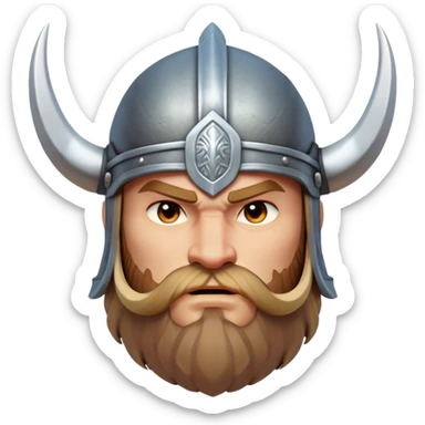 Clash of Clans aesthetic: Cinematic Fierce Viking Portrait Emoji, Poised and bold with a rugged yet stylized build, wearing a simple horned helmet and sporting a neatly trimmed beard, his face rendered in a natural skin tone, intense eyes reflecting fierce determination, Simplified yet dynamic features, highly detailed, glowing with a cool, battle-ready radiance, high shine, brave and resolute, stylized with an air of ancient Nordic valor, focused and commanding, soft glowing outline, capturing the essence of a fearless Viking adventurer ready to set sail on epic quests! sticker